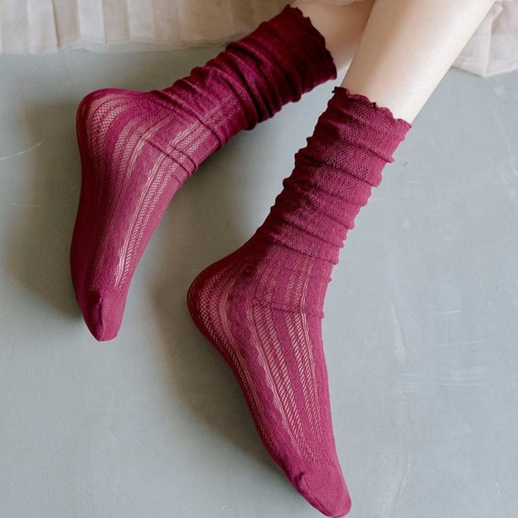 Women Fashion Long Pattern Summer Loose Socks Floral Solid Bubble White Black Korean Mesh Japanese Breathable Lolita Luxury Lace