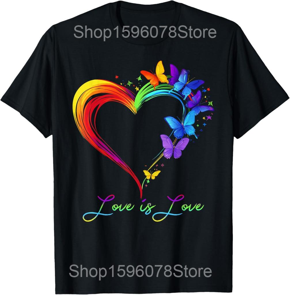 Rainbow Love Is Love LGBT Gay Lesbian Pride Butterfly Heart T Shirts Men Streetwear Tee Shirt Short Sleeve Unisex Loose Clothing