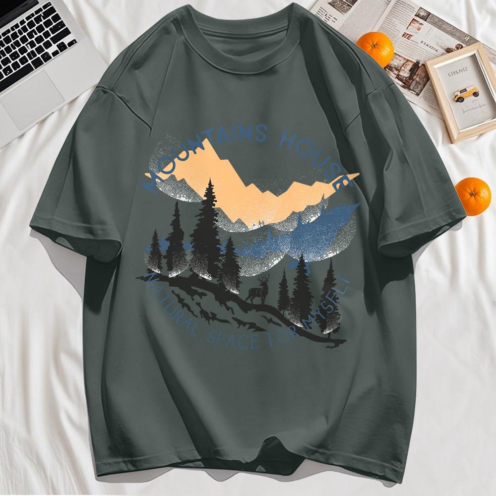 Natural Mountains House Printing Mens T-Shirts Casual O-Neck T Shirt Cotton Soft Short Sleeve Loose Summer Clothes