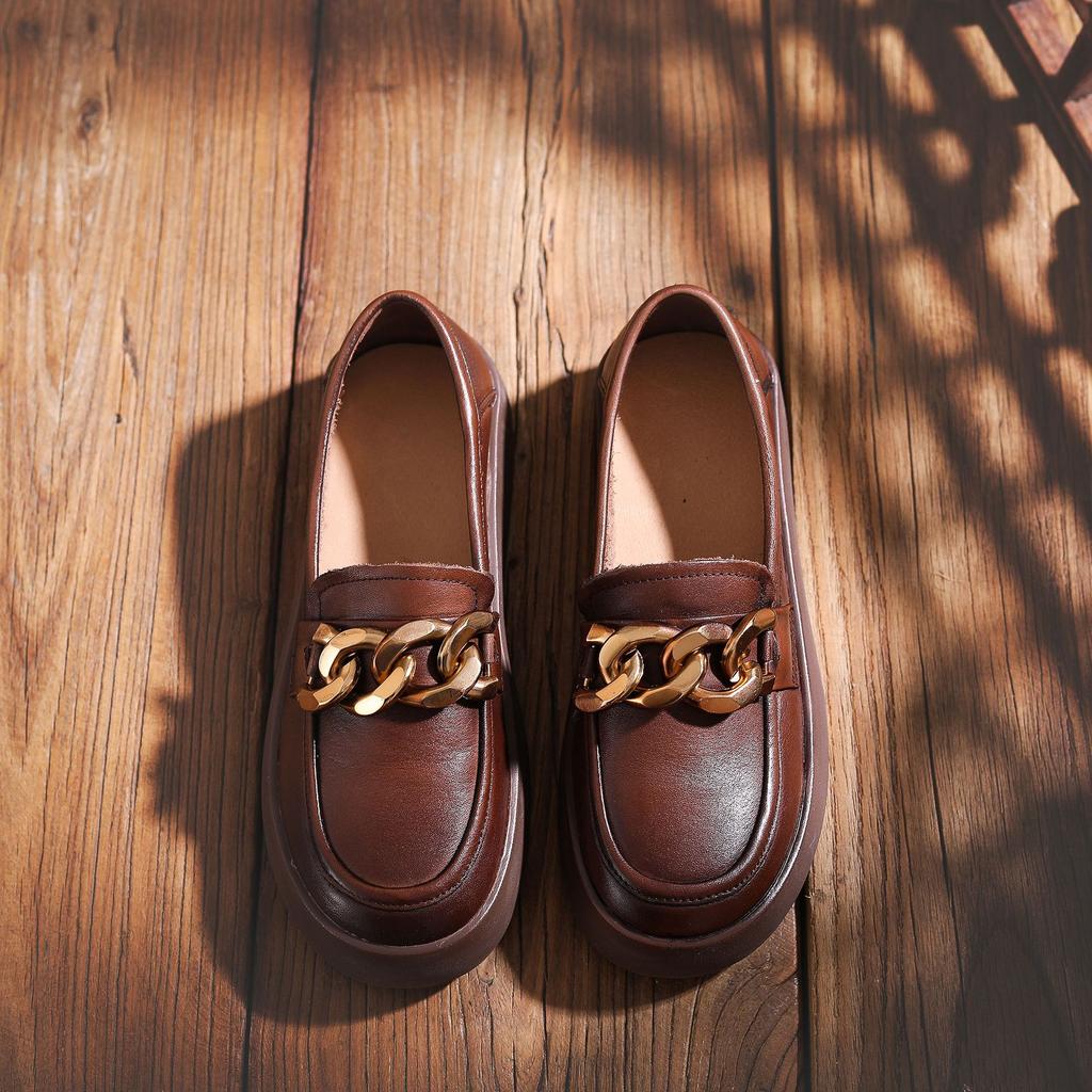 First layer cowhide loafers women's retro washed handmade leather women's shoes women's British style spring and autumn new single shoes