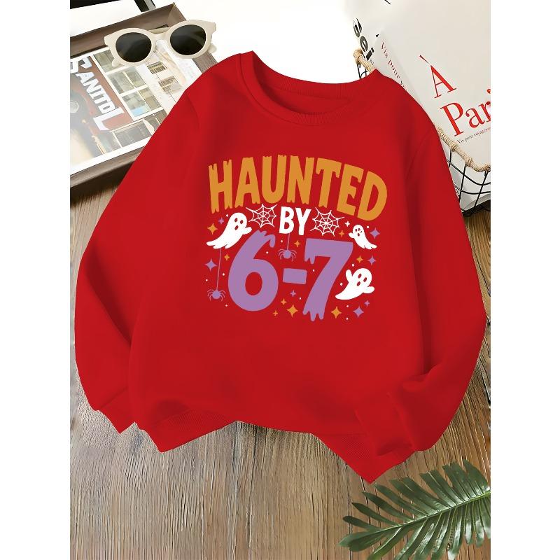 Kids Unisex Crewneck Sweatshirt, Halloween Theme "HAUNTED BY 6-7" Ghost Spider Web Star Letter Graphic, Sweatshirt for Boys Girls Over 4 Years Old