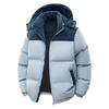 Mens Winter Warm Thick Cotton Puffer Jacket With Hood Color-Block Design Faux Fur Trim Loose Fit Casual Outdoor Wear