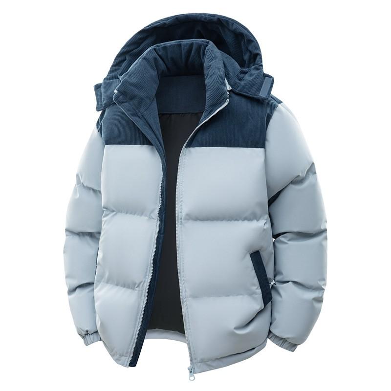 Mens Winter Warm Thick Cotton Puffer Jacket With Hood Color-Block Design Faux Fur Trim Loose Fit Casual Outdoor Wear