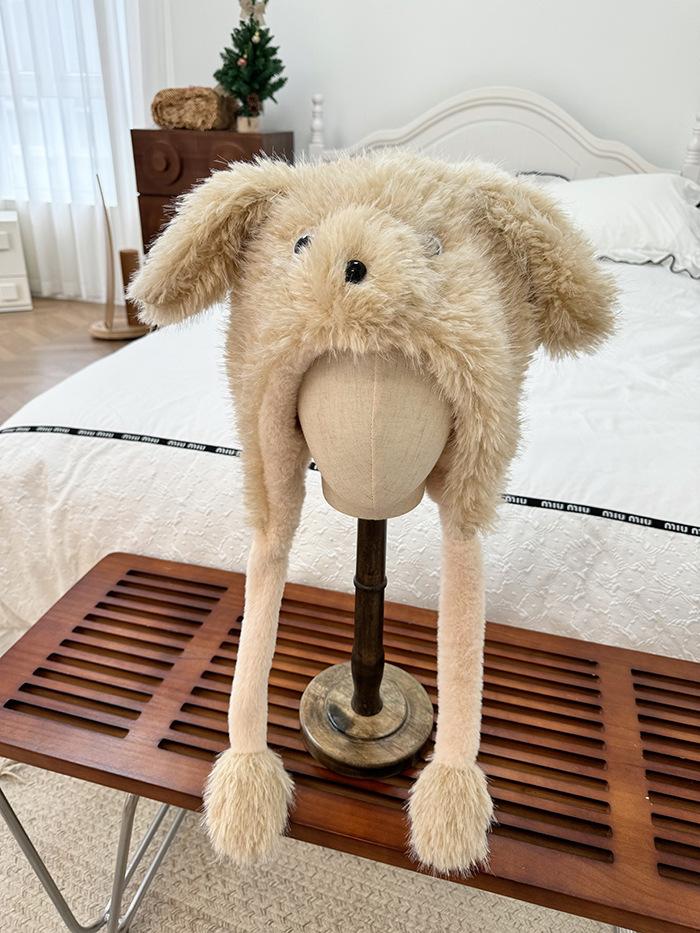 Thickened Plush Hat Female Winter Cute Moving Cartoon Ears Warm Ear Protection Cycling Pullover Hat