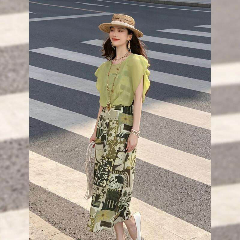 French Floral Print Faux Two-Piece Tie-Waist Dress