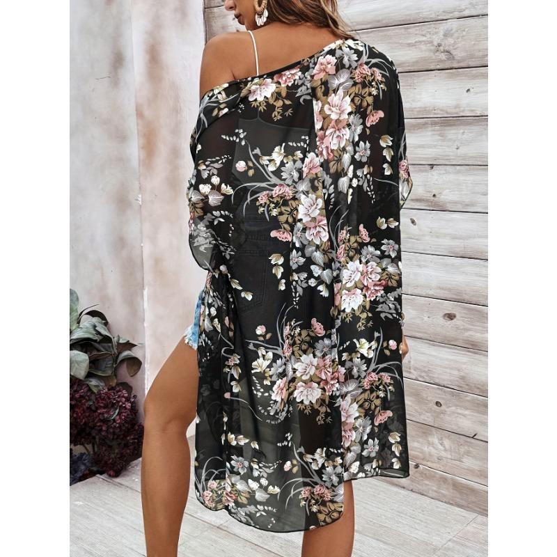 Elegante Kimono Cárdigan de Chifón Floral - Ligero, Transparente Negro con Estampado Floral Vibrante, Manga Corta, Frente Abierto, Cárdigan Estilo Kimono