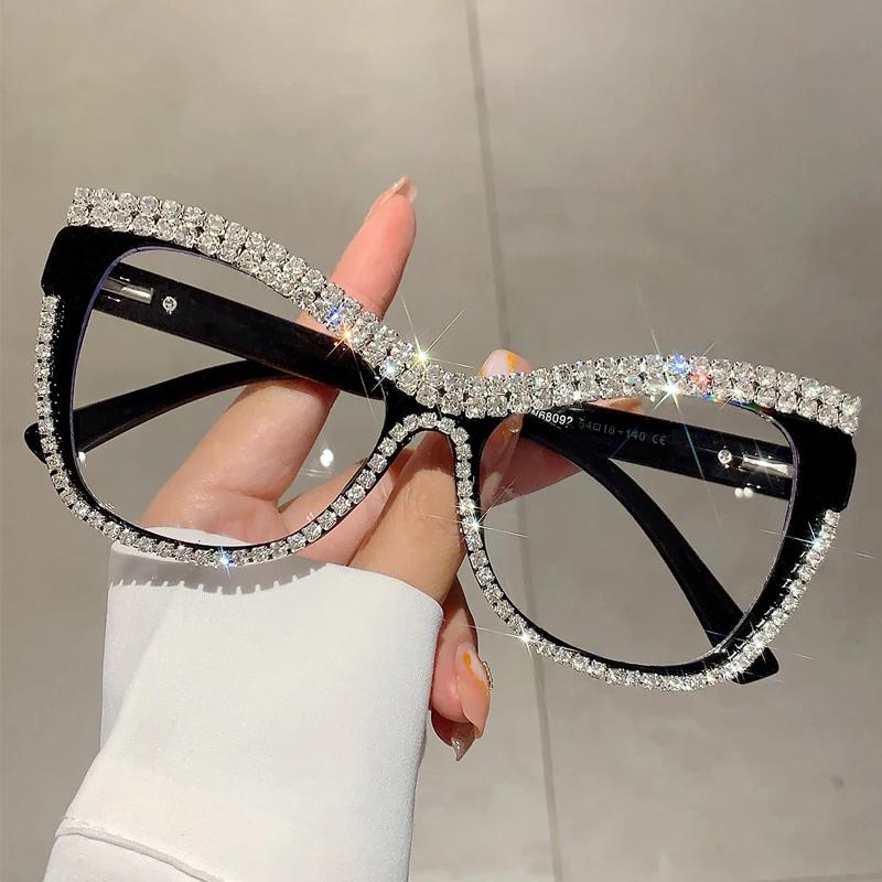 Men Women Cat Eye Reading Glasses Retro Large Frame Diamond Inlaid Presbyopia Glasses Oversized Anti-Blue Light Glasses