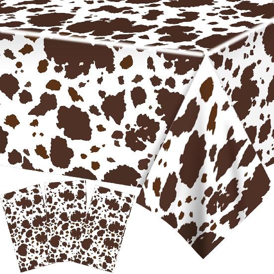 Adirasenotek 3Pcs Cow Print Tablecloth Brown Cattle Tablecover for Farm Theme Cowboy Baby Shower Decorations Western Birthday Dinner Picnic Kitchen