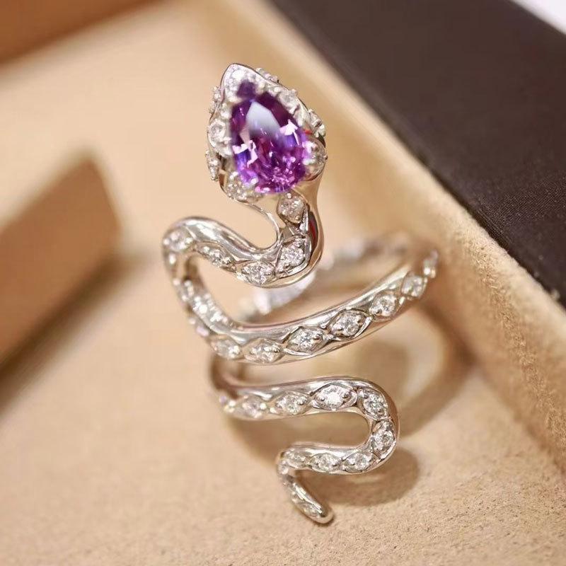 Snake Set With Natural Snake Ring, Purple Tooth Black Garnet Colored Crystal Snake-Shaped Personalized Female Ring.