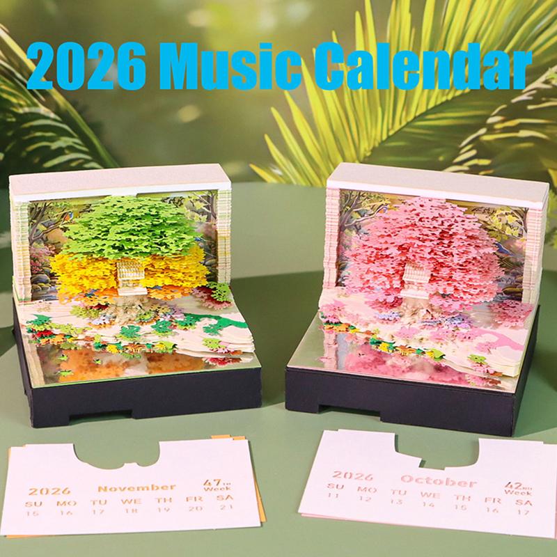 Music Time Piece Calendar 2026 Desk Calendar With Led Light 3D Tear-Away Calendar Paper Carving Art Memo Pad Notepad Christmas