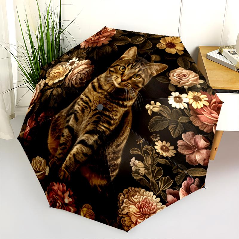 Cats and Vintage Flowers Pattern, Automatic Folding Umbrella, Portable and Foldable Design, 8 Ribs, a Christmas or Birthday Gift.