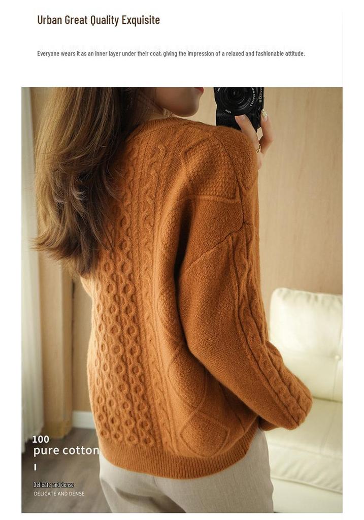 2024 Retro Style Women's Pure Wool Cardigan - Loose Fit, Thick Round Neck Cable Knit Sweater for Autumn/Winter