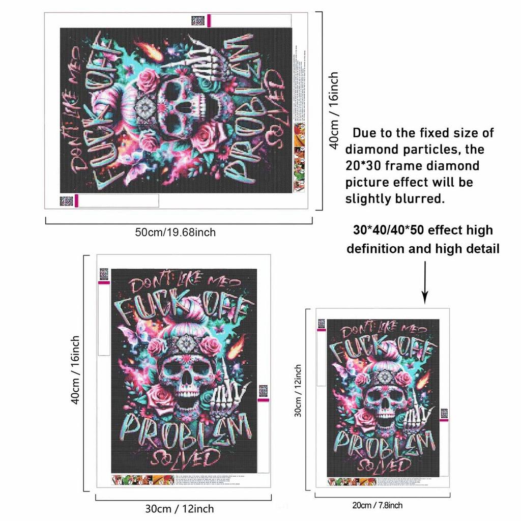 Skull Roses Fuck Off Problem Solved Full Round Drill Diamond Painting Kit DIY Sparkle Art Canvas for Adults Relaxing Craft and Home Decoration Gift