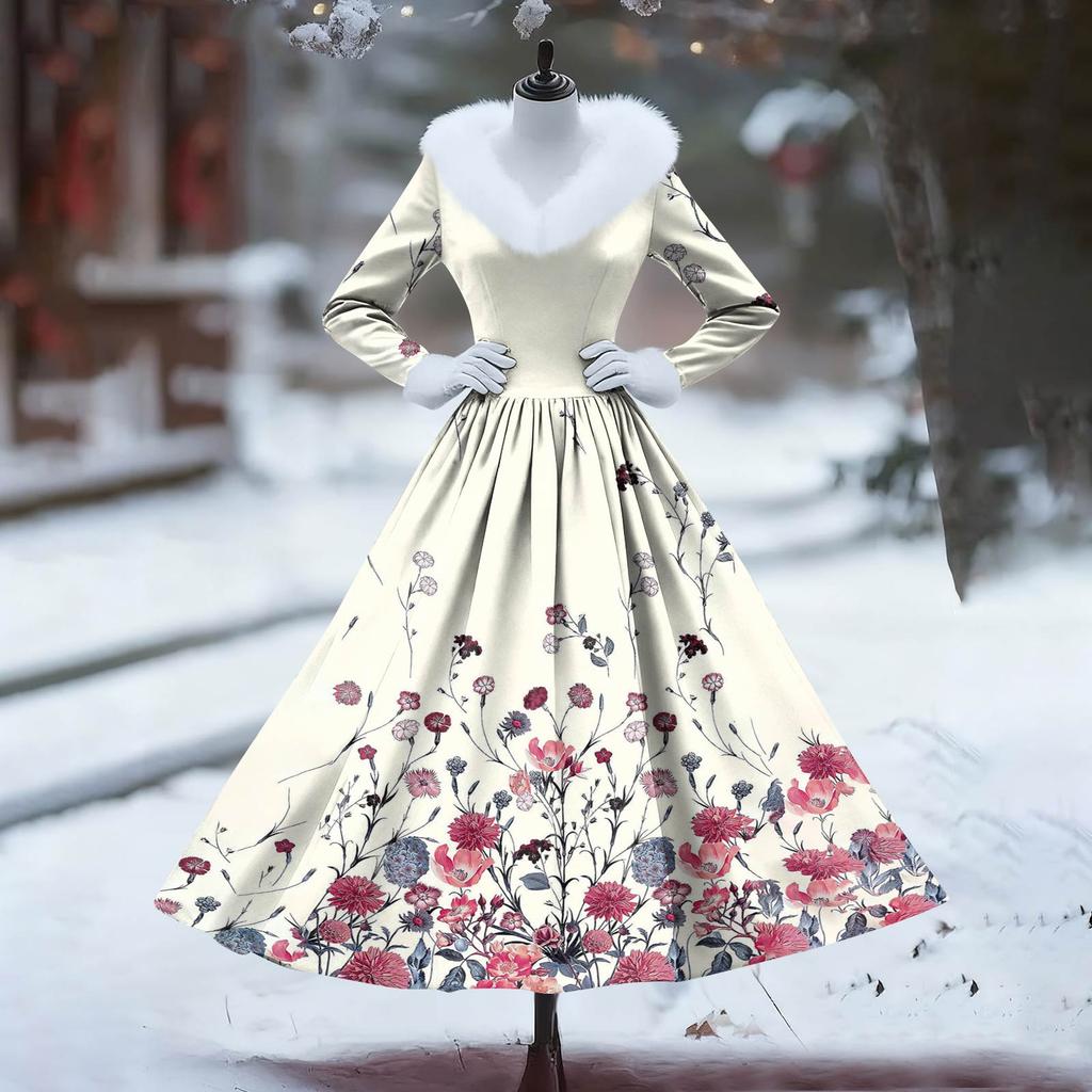 Women's Casual Dress Long-Sleeve V-Neck Patchwork Fleece Christmas Print Dress