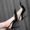 Super High Heel Sandals Spring New Pointed Head Shallow Mouth Crystal Buckle A Line with Anti-slip Wear-resistant High Heels