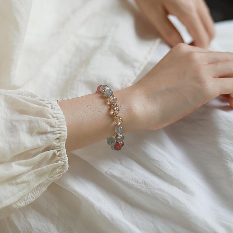 Natural Crystal Aquamarine Bracelet Female Strawberry Crystal Golden Hair Crystal Gray Moonstone Bead Beaded Bracelet