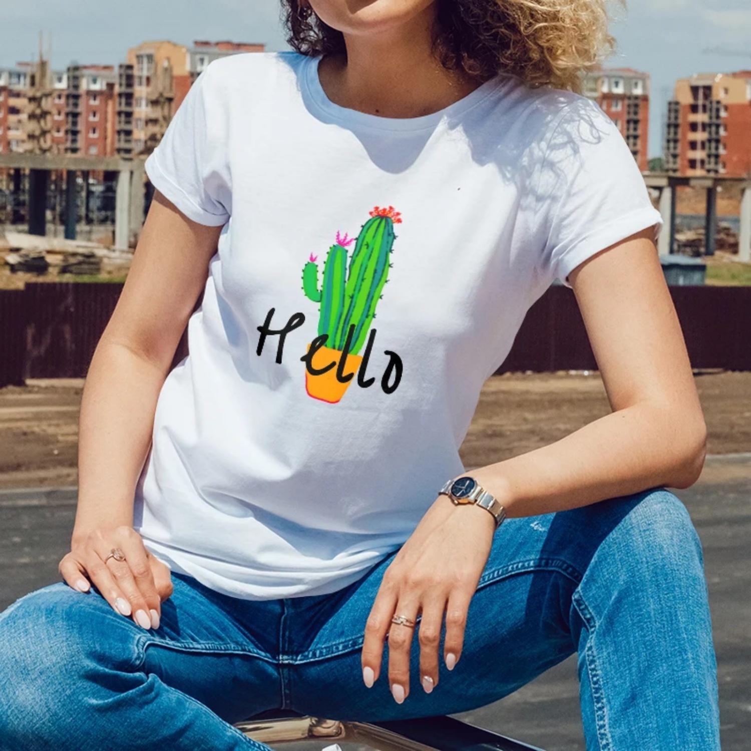 

Women s Short Sleeve White T-Shirt Hello Cactus Print for Outdoor Summer Gatherings Young Women with a Fresh Trendy Style XXXXXL