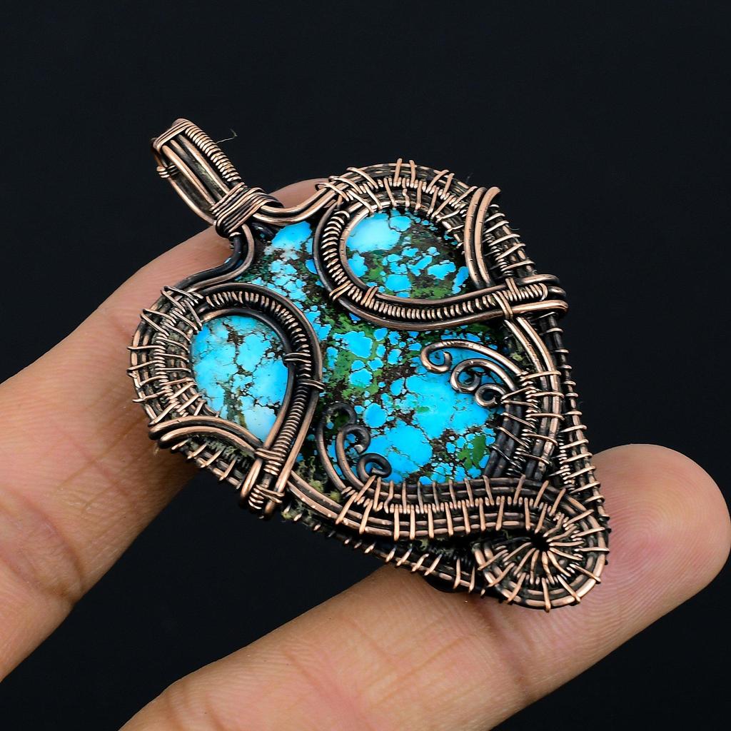 Wisiorek z turkusu tybetańskiego, biżuteria z kamieni szlachetnych owinięta drutem miedzianym próby 999, ręcznie robiony wisiorek, na Święto Dziękczynienia