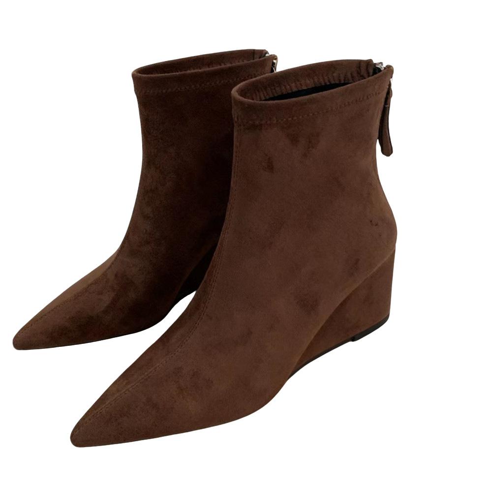 Suede Brown Pointed Toe Wedge Short Boots Rear Zipper Thin Boots Thin Autumn and Winter Women's Short Boots