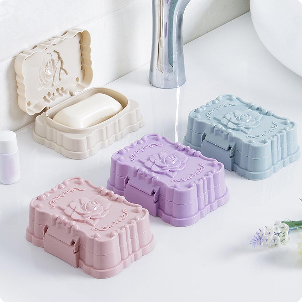

4 Pcs Nordic Style Rose Relief Drain Soap Box Container Travel Dish with Lid Dispenser Holder Tray Leakproof