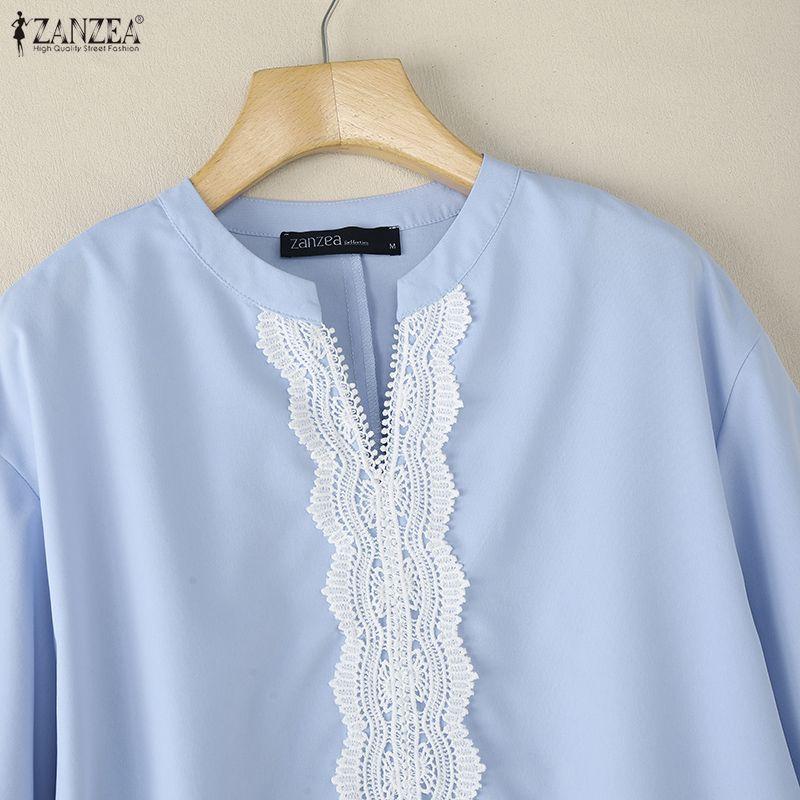 ZANZEA Women Casual Lace Patchwork V-Neck 3/4 Sleeve Blouse