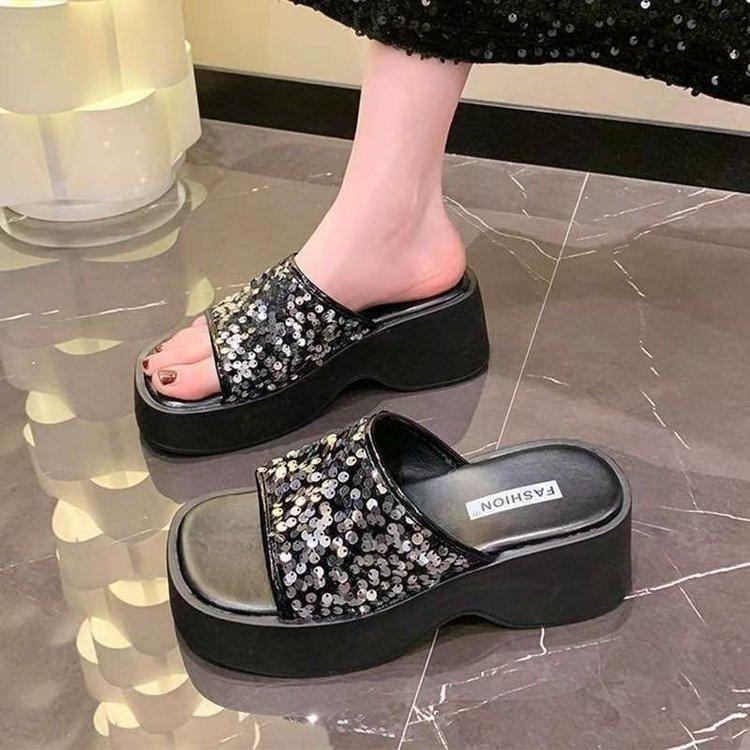 Thick Bottom Slope Heel Cool Slippers Women's Summer Wear 2025 New Super Fire Sequins High-end Feeling with Skirt Beach One-word Drag