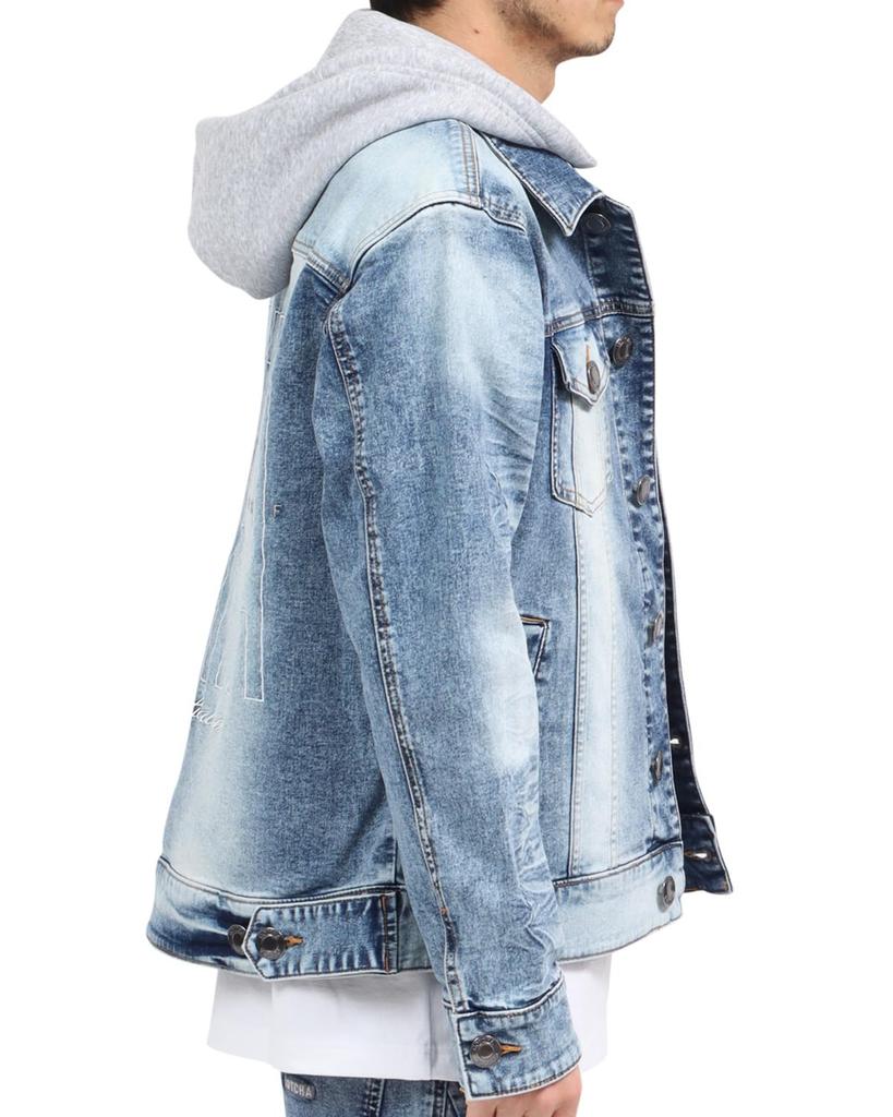 GATCHA Stretch Blast Wash Denim Jacket with Detachable Size and Clothing Hood, Bleach, L, 241G1622, Men's Women's, Spring/Summer