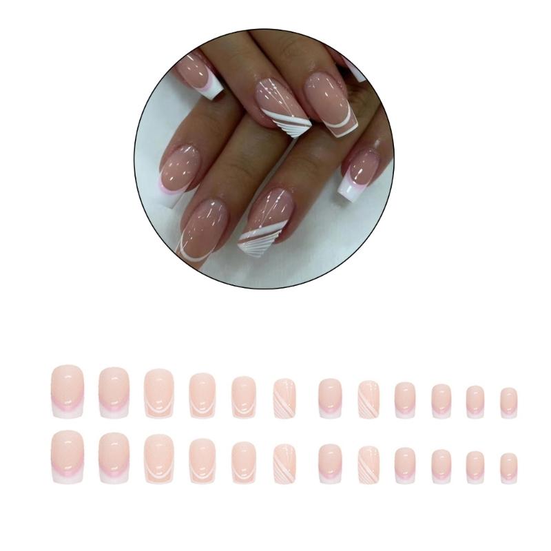 24Pcs Long Press On Nail  Coffin French Fake Nail  Tip Gradient Acrylic Nail  Glossy False Nail  for Women Girls