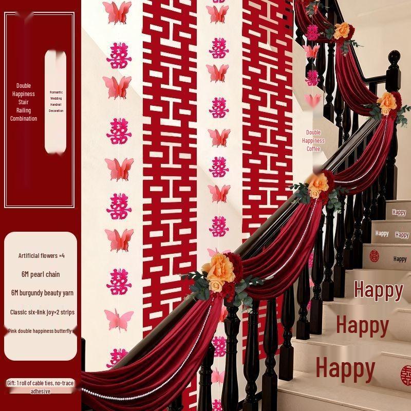 Double Happiness Stair Decor: Rustic Wedding Handrail & Wall Garland Set