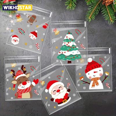 100 Stück Weihnachts-Leckerli-Tüten – selbstverschließende Einweg-Opp-Süßigkeiten- und Keksbeutel mit festlichen Cartoon-Designs als Weihnachtsgeschenk