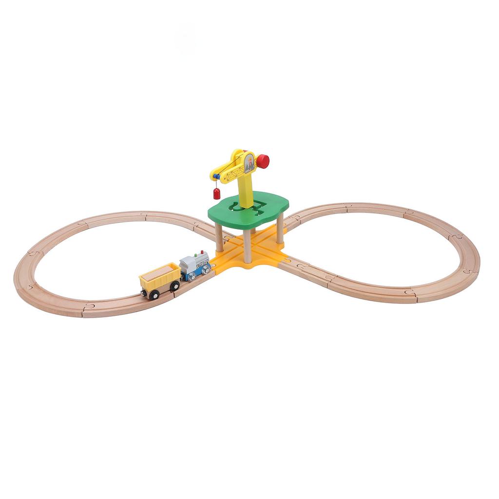 Tower Crane Wooden Train Track Set with Straight Curved Tracks Building Blocks Wooden Railway Set