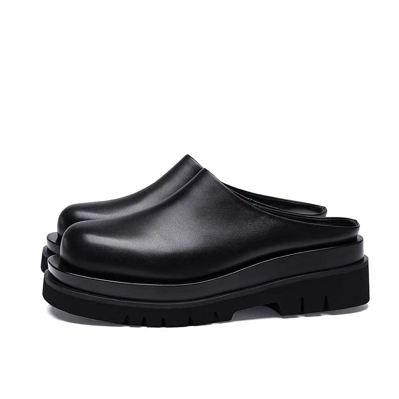 Luxury Leather Platform Man Half Slippers with Heels Genuine Leather Summer Wedding Business Social Shoes Outside Sandals