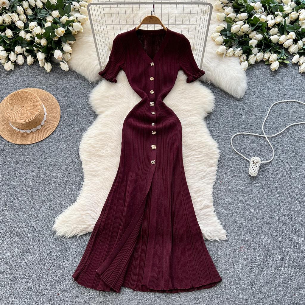 Summer Women V-neck Exquisite Gold Button Birthdays Party Knitted Sweater Long Slim Boycon Pencil Dresses