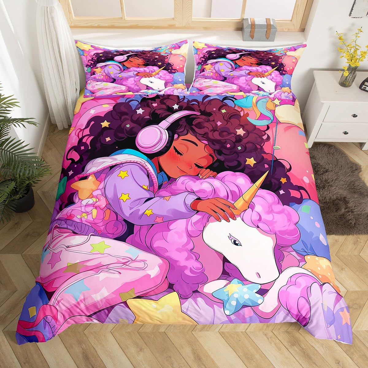 

Fantasy Black Girl Duvet Cover Sets for Kids Girls Women Teens Lightweight Quilt Covers African American Black Girl Bedding Sets US Queen(228x228cm)