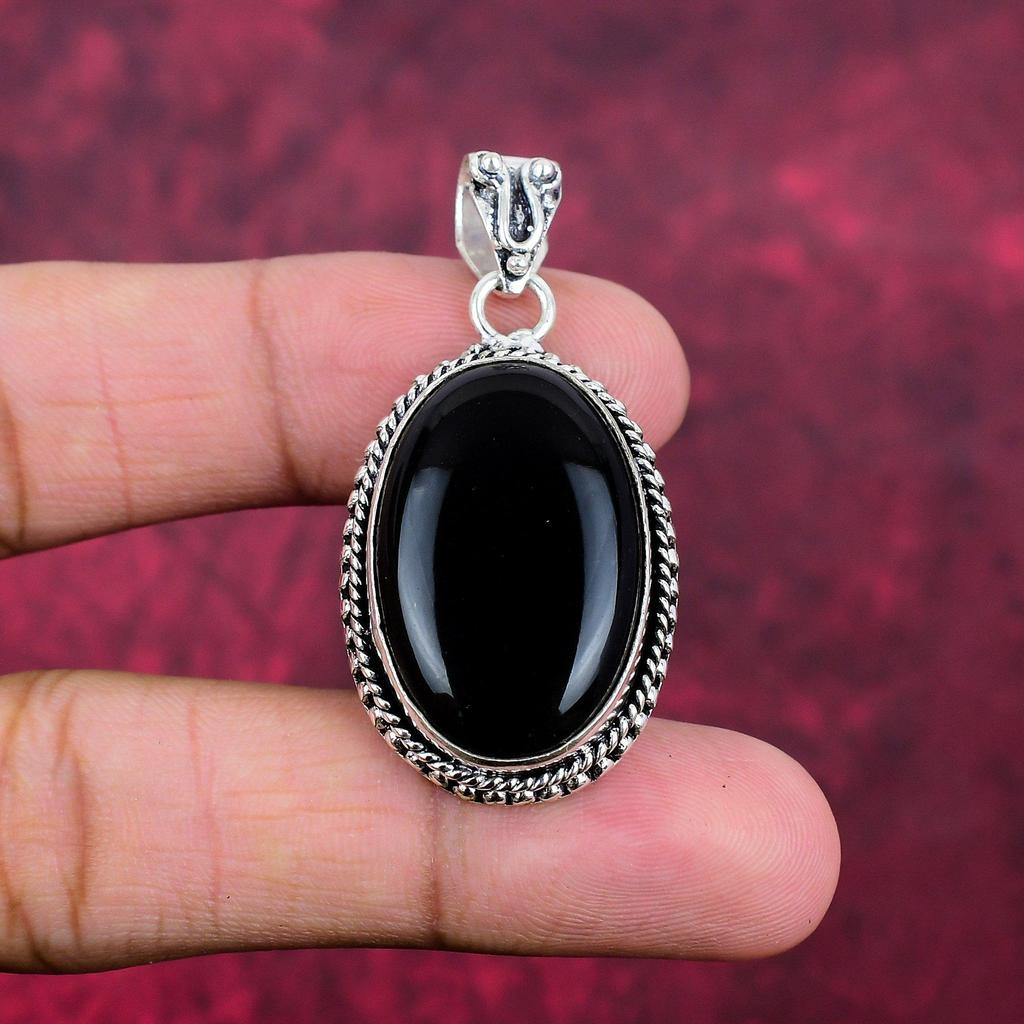 Black Onyx Handmade Gemstone Pendant, 925 Solid Sterling Silver Pendant Antique Jewelry, For Engagement Gift