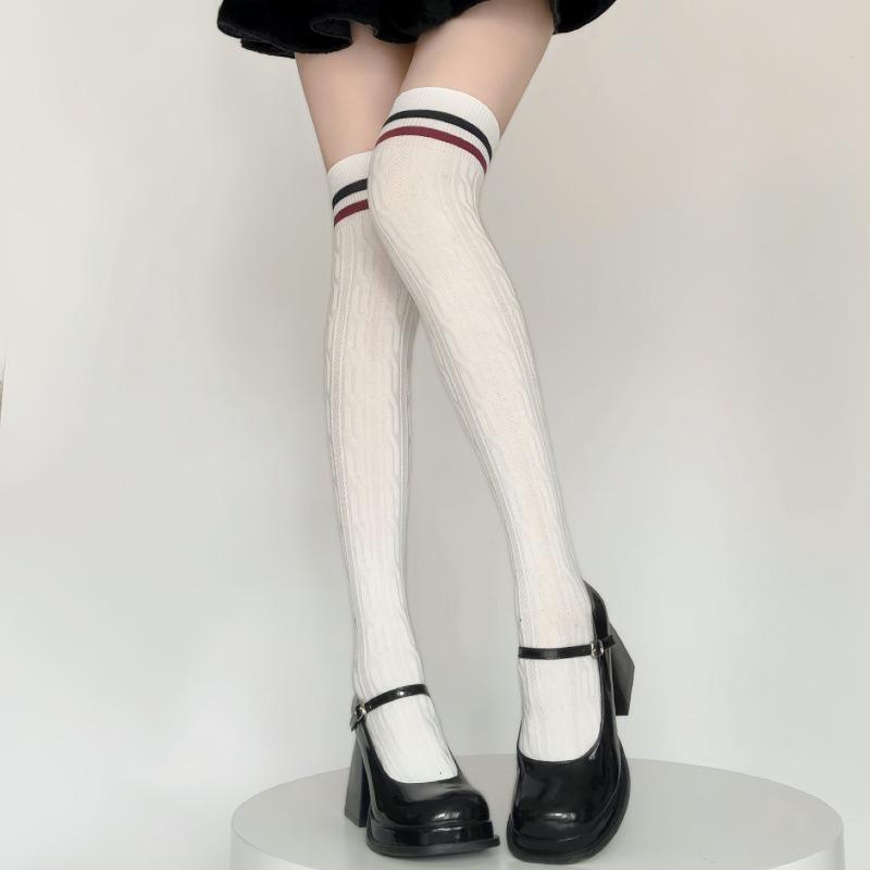 1pairs Women Striped Cotton Long Socks Female Thigh High Over The Knee Sock Solid Color Long Tube Leg Warm Socks