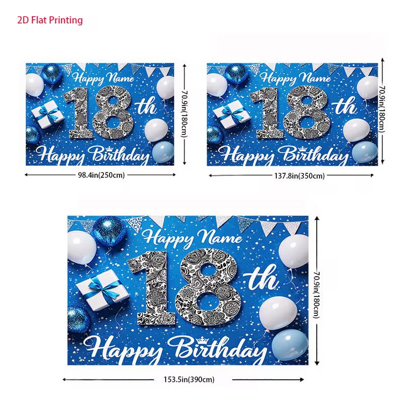 2D Blue & White Balloon Happy 18th Birthday Photography Background Cloth