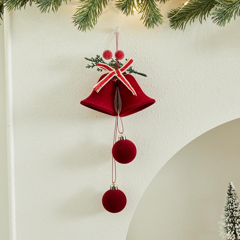 Wine Red Flocked Ball Christmas Bells Window Decor Pendant