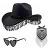 Cowgirls Hat Pearls Fringed Bandana Set for Women Classical Western Wide Brim Wesatern Hat Floral Scarf and Sunglasses