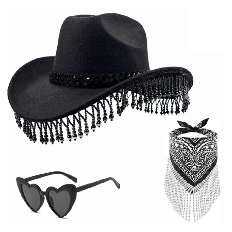 Cowgirls Hat Pearls Fringed Bandana Set for Women Classical Western Wide Brim Wesatern Hat Floral Scarf and Sunglasses