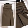 Women’s High-Waisted Black Midi Skirt with Slit – Elegant Draping for Spring and Autumn 2024.