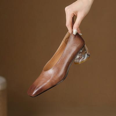 Fashion 2025 Women Genuine Leather Pumps Transparent Heel High Heels Spring Summer Elegant Office Pumps Square Toe Classic Casual Shoes