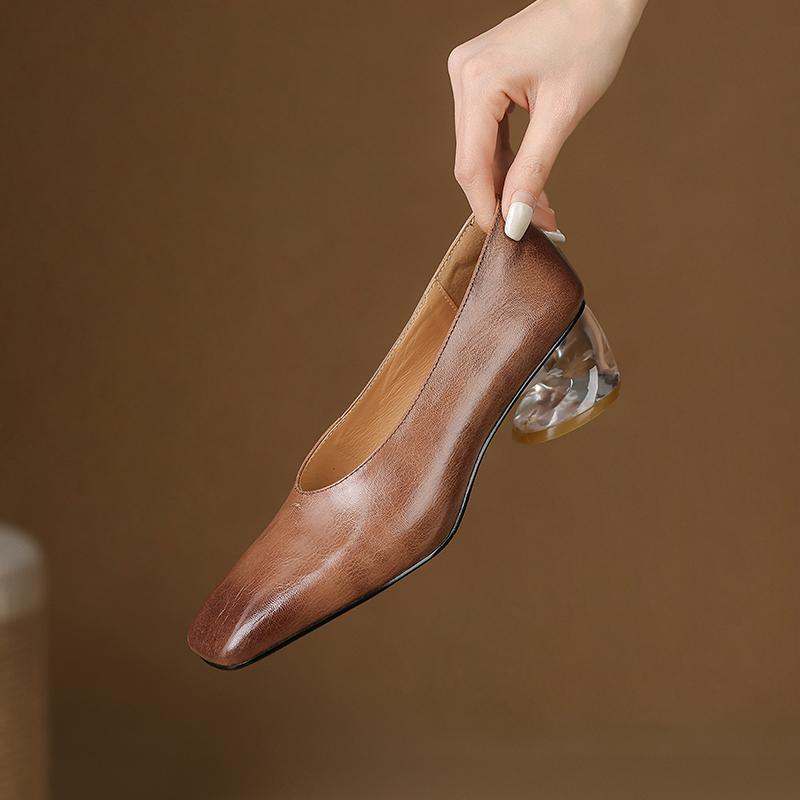 Fashion 2025 Women Genuine Leather Pumps Transparent Heel High Heels Spring Summer Elegant Office Pumps Square Toe Classic Casual Shoes