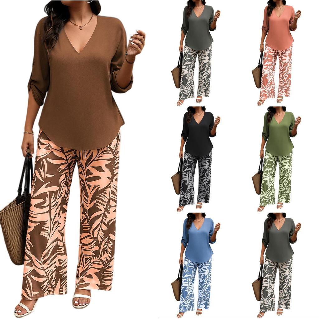 Damen 2-teiliges Mode-Freizeit-Set: Lockerer V-Ausschnitt-Top + Weit geschnittene Hose Loungewear