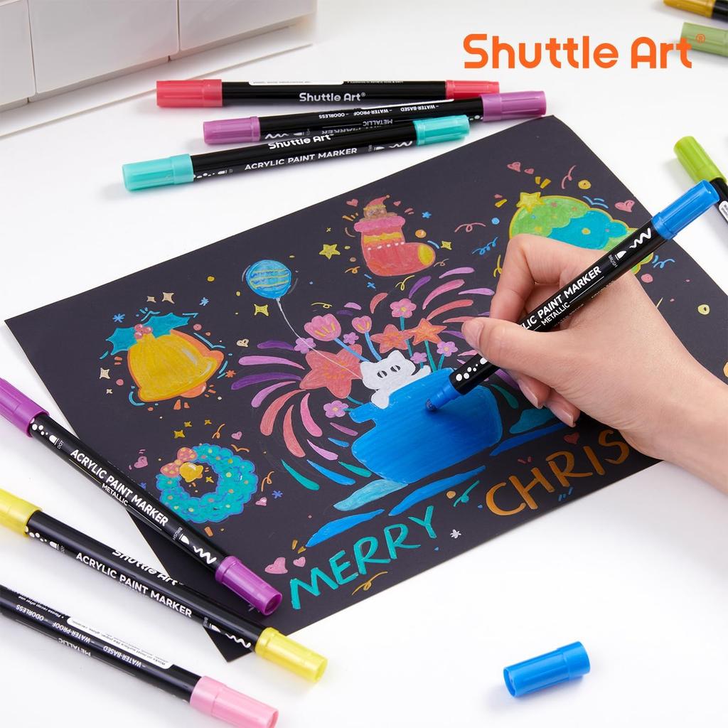 Shuttle Art Acrylic Metallic Dot Brush Tip Twin Acrylic Paint Suitable for and Art Gift Markers, Colors, & Pen, 28-Color Set, Glitter, Water-Based