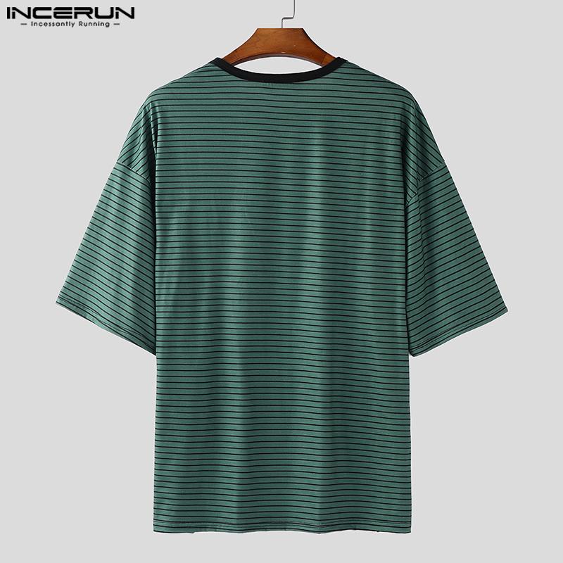 INCERUN Oversized Men O Neck Short Sleeve Striped Casual T-shirts