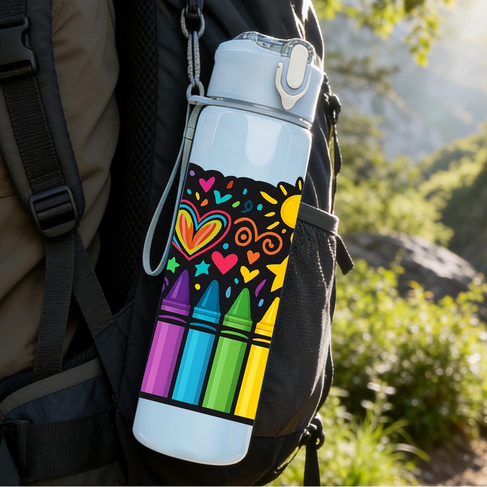 1PC Color Crayon Box Layout 750ml Color Plastic Sports Water Bottle Leakproof Flip Straw Lid For Sports Office Home Use