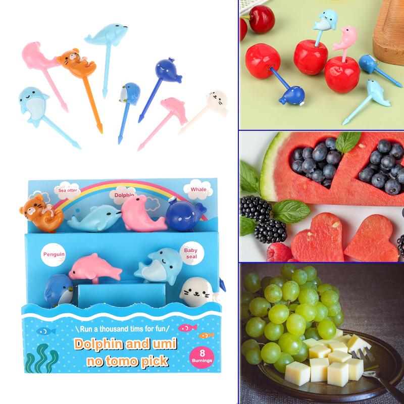 8Pcs/Set Cute Dolphin Fruit Fork Kids Snack Dessert Decoration Forks Toothpick Lunch Salad Decoration Cake Picks