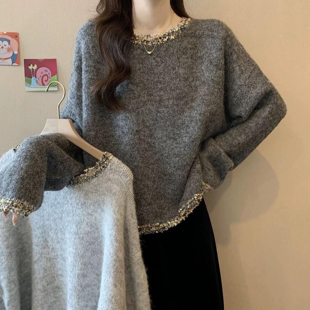 Premium Soft Sticky Raccoon Velvet Nail Bead Sweater Women's Autumn/Winter Large Loose Lazy Knitted Top