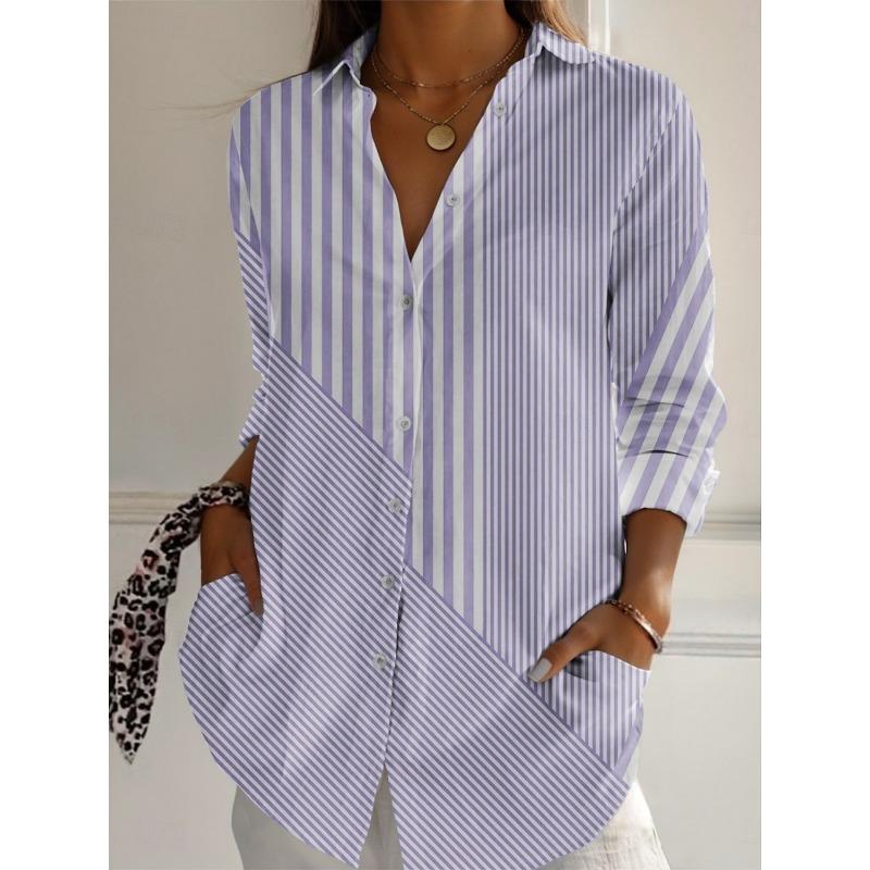 Women's Shirts Striped Graphics Blouse Lapel Neck Blouse Women's Long Sleeve Shirts Womens Clothes Female Clothing